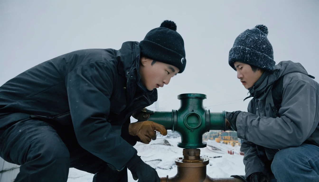 Two 20-year-old men working on a pipeline,Wearing black cotton jacket,With cap,Asian,Huge pipe,Use a large wrench,A huge valve that opens half the screen,A huge valve that takes up half of the screen,Painful expression,With cap,Night,Night view,cold,Snow Covered,snowstorm,Gloomy sky