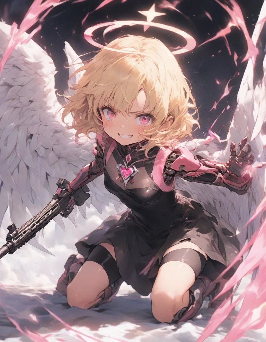 bike shorts,jet fire,(cyborg:1.3), mecha hand,machine wing,,smile,,armor boots,,,(head gear:1.25),,,halo,,,(black dress:1.3),(enamel costume:1.3),latex clothes,,,dynamic angle,,、,Inner thigh,halo,angel wing,,,boy,,annoyed,(tareme:1.3),,Cute,,(Wavy Hair:1.25),souljem,magic brooch,No bangs,(small breasts:1.25),(Short hair:1.3),,brooches,(Blonde hair:1.3), {{disheveled hair}},,,(slim:1.4),thin、,hair tube,whipped paws,,,,(pink eyes:1.1),,,(15years old:1.25),,, Gradient Hair,,,dynamic pose,,angel,fighting stance,an ethereal automaton girl,(kneeling:1.2),headgear,mechanical,(8k high resolution:1.2), Glowing pink eyes, Wearing a magical girl costume,(holding rifle:1.5),,black skirt,
assault rifle