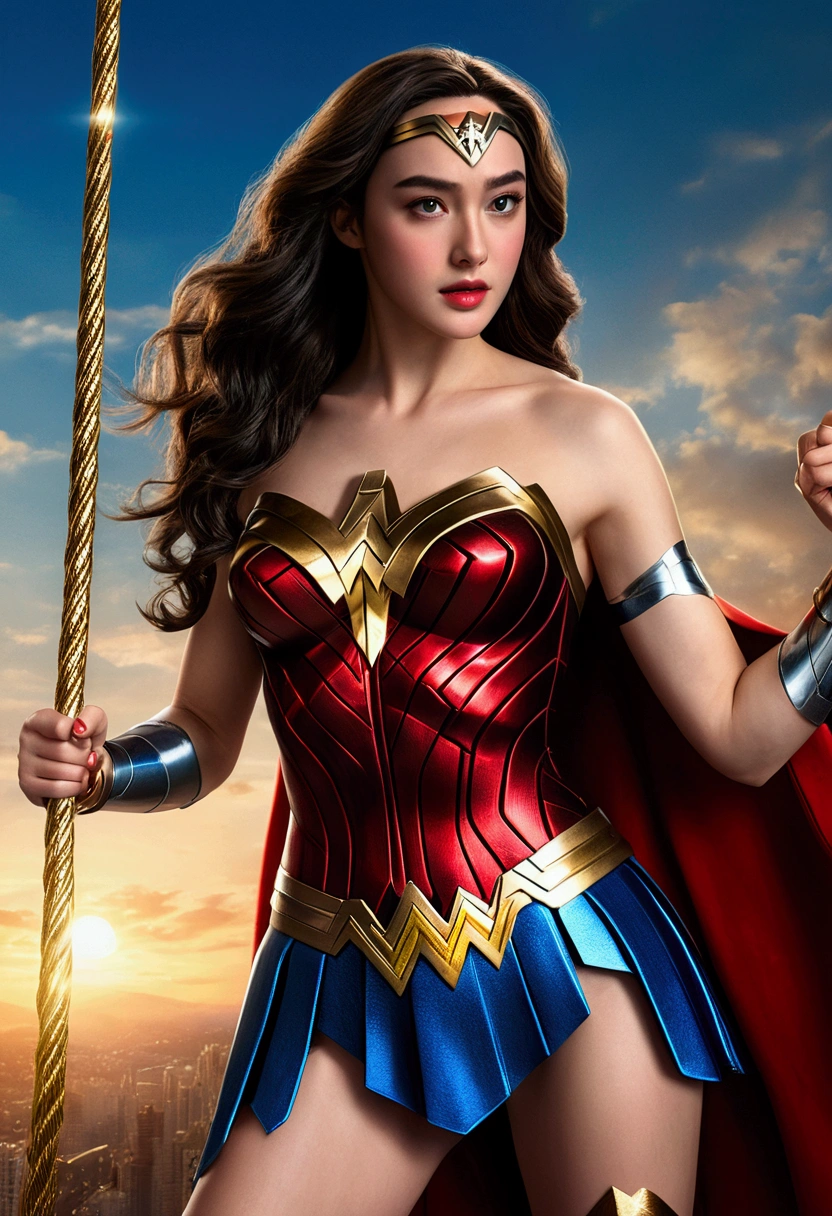 long legs, Dilraba Dilmurat style of wonder woman, 1girl, beautiful detailed eyes, beautiful detailed lips, extremely detailed face and eyes, long eyelashes, blonde hair, red and blue costume, iconic wonder woman logo, golden lasso, superhero, action pose, cinematic lighting, photorealistic, 8k, extremely detailed, (best quality,4k,8k,highres,masterpiece:1.2),ultra-detailed,(realistic,photorealistic,photo-realistic:1.37)