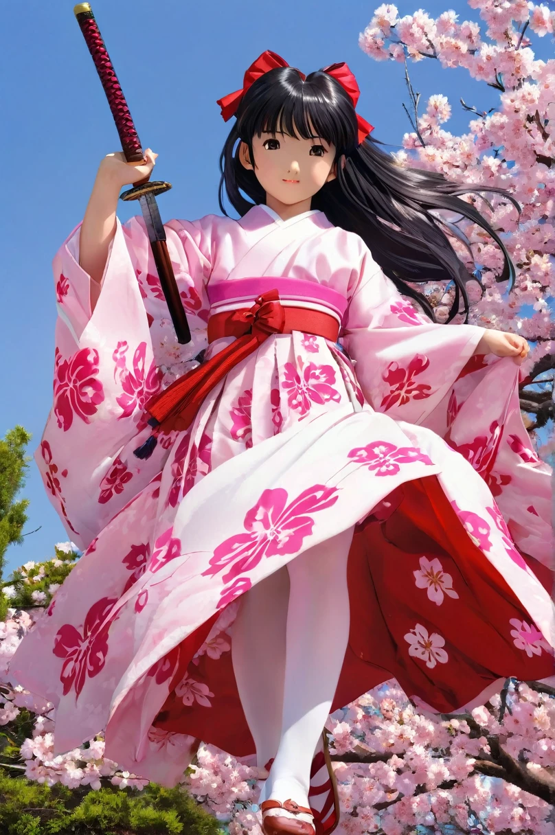 girl underwear, Sakura Shinguji、Realistic bloomers made from patterned cotton fabric, Japanese clothing and hakama, Fabric Realism, Low - Angle, I see bloomers, Pull up the dress by hand, Strong winds, Translucent slip, Translucent slip, tights, Highest quality, whole body、Black Hair、Holding a sword、Big ribbon in hair
