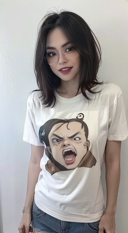 (best quality, masterpiece:1.2), white background, realistic, (casual date outfit: 1.2), (t-shirt: 1.2), (shorts: 1.2), (brown hair:1.2), big eyes, beautiful woman, smile, eyelashes, highly detailed face, fierce look, angry look, looks like a naughty celebrity but is a good girl, virgin girl, inexperienced virgin girl, full body, (slanted angry eyebrows: 1.6), (discrete sex appeal: 1.2), (big smile: 1.2), (open mouth smile: 1.2), (happy: 1.2), (kind face: 1.2), (genuine smile: 1.2), (genuine smiling eyes: 1.2), extremely kind girl, self conscious about eyebrows, (cute cartoon print t-shirt: 1.5)