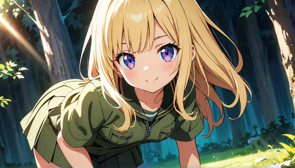 (anime artwork, anime style, studio anime, very detailed, up to date, vibrant, Anime Coloring, high contrast, masterpiece:1.2, best quality, best aesthetics),ghillie suit,ghillie helmet, pleated skirt, Medium chest, A glimpse of thighs,random hair, One eye is hidden by the bangs, perfect proportions, high detail skin, Cute, detailed faces,forest, precise fingers,panty shot ,creeping forward