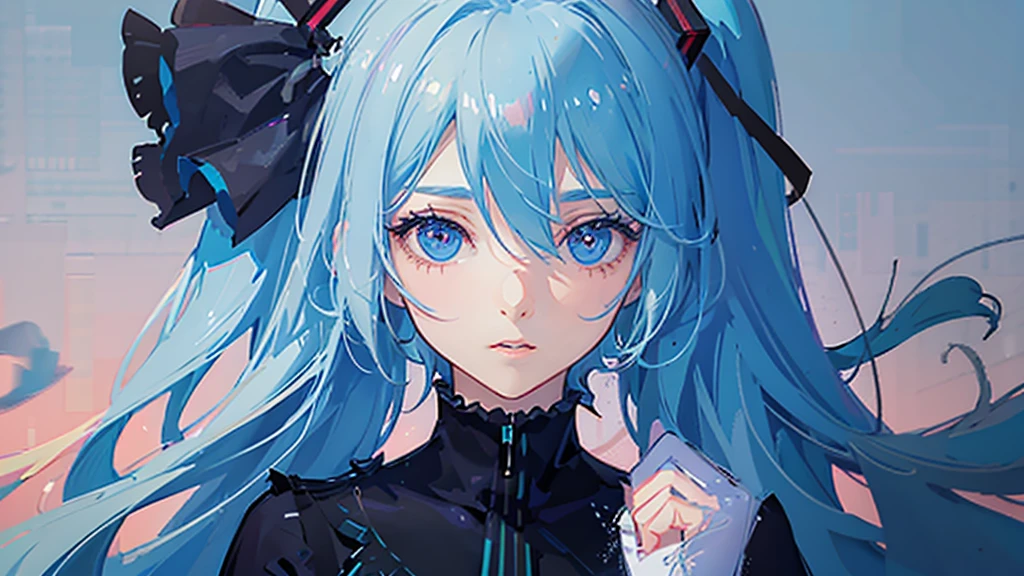 masterpiece, Awesome girl, Cold Face, Expressionless, Pale pink lips, Calm, Blue Hair,intellectual, Eye details,Hatsune Miku,Singing,clothes,cool,It's about to start moving,The background is amazing