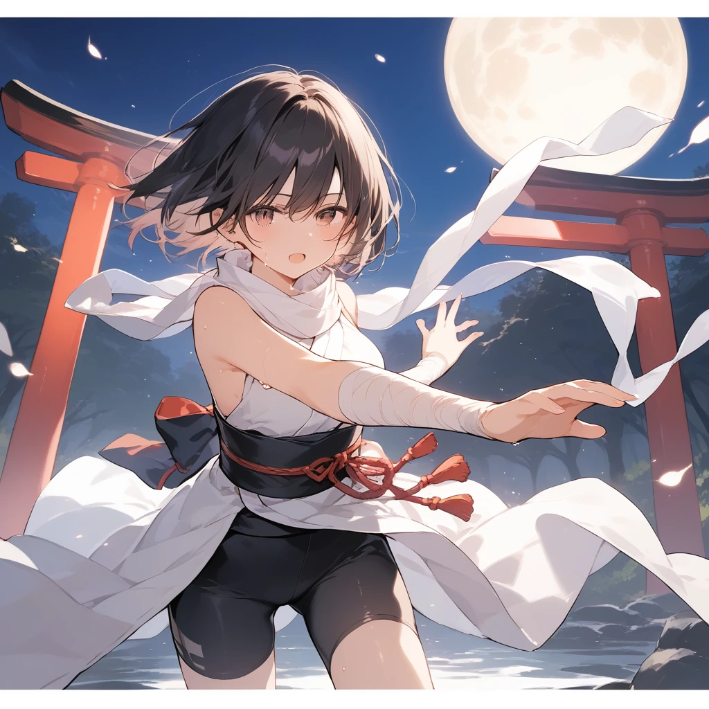 score_9, score_8_up, score_7_up, source_anime, best quality, masterpiece, official art, absurdres, highres, ultra-detailed,waifu2x,Collection: Slice of Life,break,1girl, ninja, short hair, breasts, beautiful detailed eyes, bike shorts, scarf, sweat, open mouth, expressionless, ninja stance, kunai, outdoors, torii, night, moon, wind,break,(clear line illustration:1.2), super detailed skin,very high resolution, very aesthetic, Best sexual lighting powered by famous artist, 8k,cute picture,beauty illustration,photoshop_(medium),,(Detailed Lighting),best anime 8k konachan wallpaper, pixiv contest winner, 