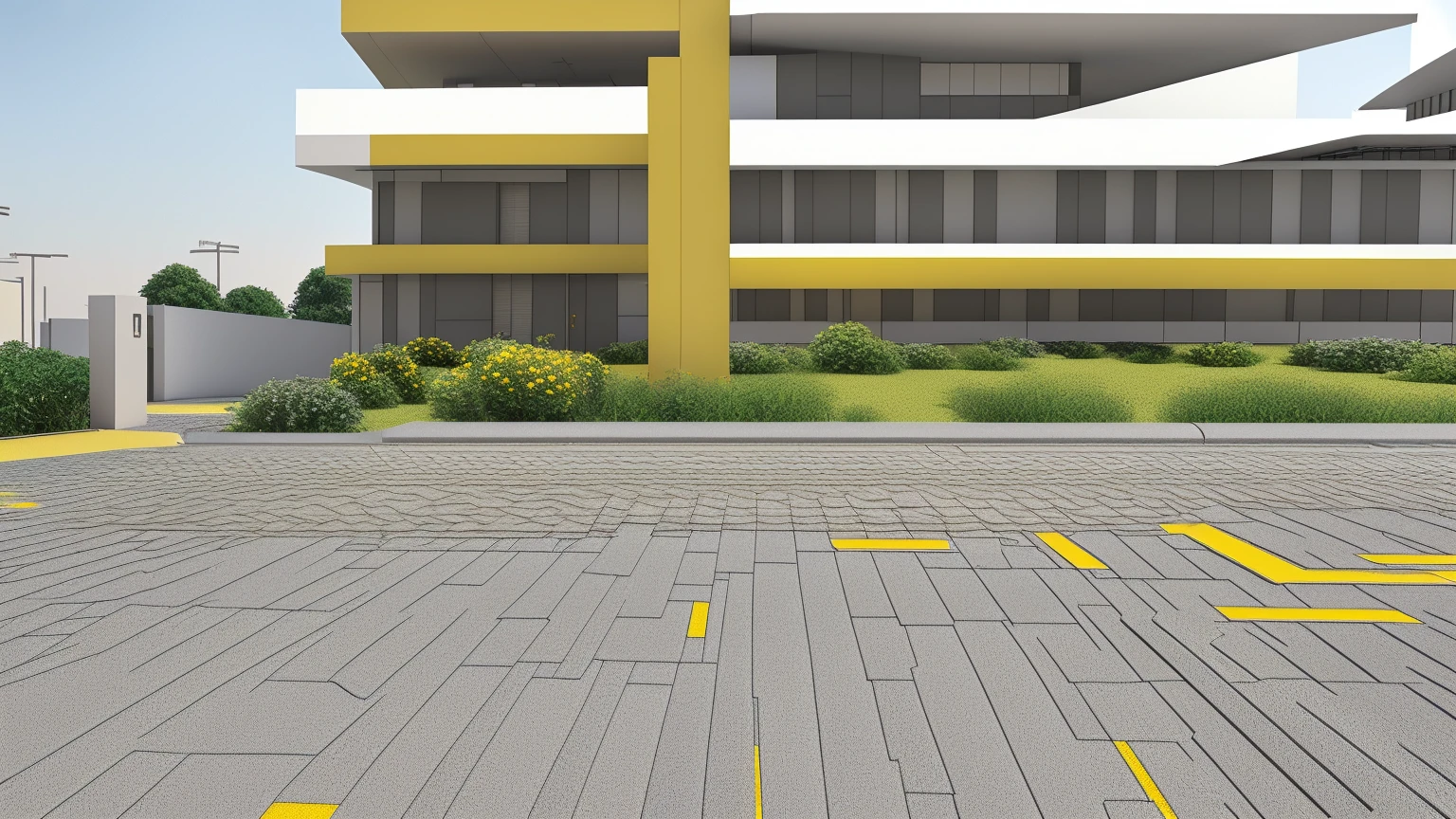there is a yellow and white building with a yellow cross, city street view background, ground perspective, Hyperrealistic background, View at street level, ground perspective; detailed, in 3d rendering style, very realistic 3D rendering, building roof with plant, High detail 3D rendering, on the concrete floor, Wide angle perspective