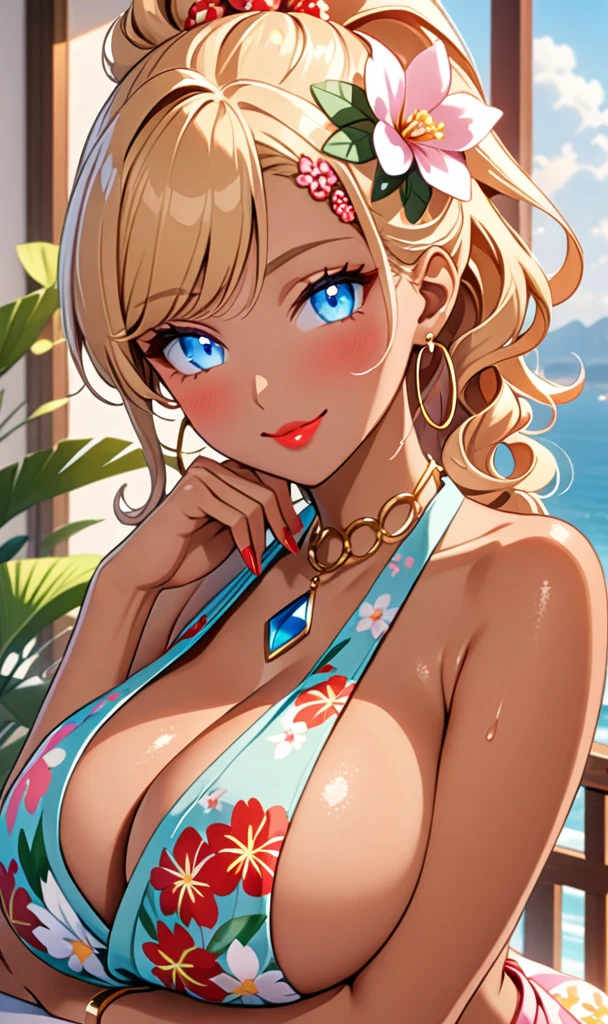 ultra-detailed, ((one girl)), (portrait), ((tan skin:1.3)), in pastel colors gyaru, (heavy makeup), hyper detailed, absurdres, 8K, Beautiful Face, (Bright light from the front of the face), (Laugh shyly), ((teasing smile)), ((sweat)), ((Wink:1.5)), (Laugh with your mouth wide open), ((Tilt your face:1.6)), details, (Long neon pink nails), View your viewers, ((Bright red cheeks:1.6)), Glossy orange-red lips, ((huge breasts:1.3)), ((undressing:1.2)),noon, summer, Terrace with sea view,Ornamental plants, ((Anime style background)),masterpiece, Highest quality, so beautiful,Latest, Complexdetail, (ring),(bracelet), (Floral Choker),AI-generated, Complex,High resolution, Highest quality, super high quality,3D Images、3D Images,One person,Blonde long hair,(High Ponytail), (wavy hair:1.3), Blonde anime woman posing for a photo, ((Fine grain、blue eyes、glowing eyes:1.3)), (Squint your eyes:1.1),a hyperRealistic , hyperRealistic , Realistic,Anime woman with long pastel yellow hair, Smooth anime CG art, A girl in a gorgeous pastel-colored kimono, ((Pastel-colored furisode)),(Pink large floral pattern), (side boob), Long flower hair ornament,big hoop earrings, Mature Body, tall,Narrow waist,(from front), (upper body), ((Hand on chin)),