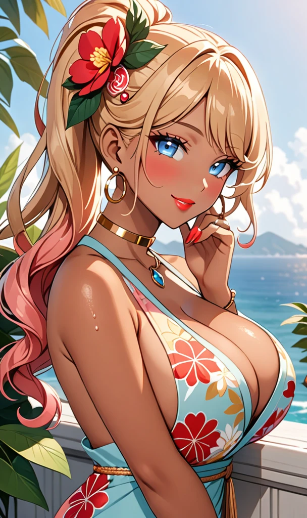 ultra-detailed, ((one girl)), (portrait), ((tan skin:1.3)), in pastel colors gyaru, (heavy makeup), hyper detailed, absurdres, 8K, Beautiful Face, (Bright light from the front of the face), (Laugh shyly), ((teasing smile)), ((sweat)), ((Wink:1.5)), (Laugh with your mouth wide open), ((Tilt your face:1.6)), details, (Long neon pink nails), View your viewers, ((Bright red cheeks:1.6)), Glossy orange-red lips, ((huge breasts:1.3)), ((undressing:1.2)),noon, summer, Terrace with sea view,Ornamental plants, ((Anime style background)),masterpiece, Highest quality, so beautiful,Latest, Complexdetail, (ring),(bracelet), (Floral Choker),AI-generated, Complex,High resolution, Highest quality, super high quality,3D Images、3D Images,One person,Blonde long hair,(High Ponytail), (wavy hair:1.3), Blonde anime woman posing for a photo, ((Fine grain、blue eyes、glowing eyes:1.3)), (Squint your eyes:1.1),a hyperRealistic , hyperRealistic , Realistic,Anime woman with long pastel yellow hair, Smooth anime CG art, A girl in a gorgeous pastel-colored kimono, ((Pastel-colored furisode)),(Pink large floral pattern), (side boob), Long flower hair ornament,big hoop earrings, Mature Body, tall,Narrow waist,(from front), (upper body), ((Hand on chin)),