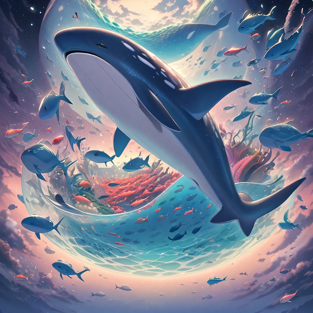 Surreal, imaginative, dreamy,fish Floating in air, (no humans),whale