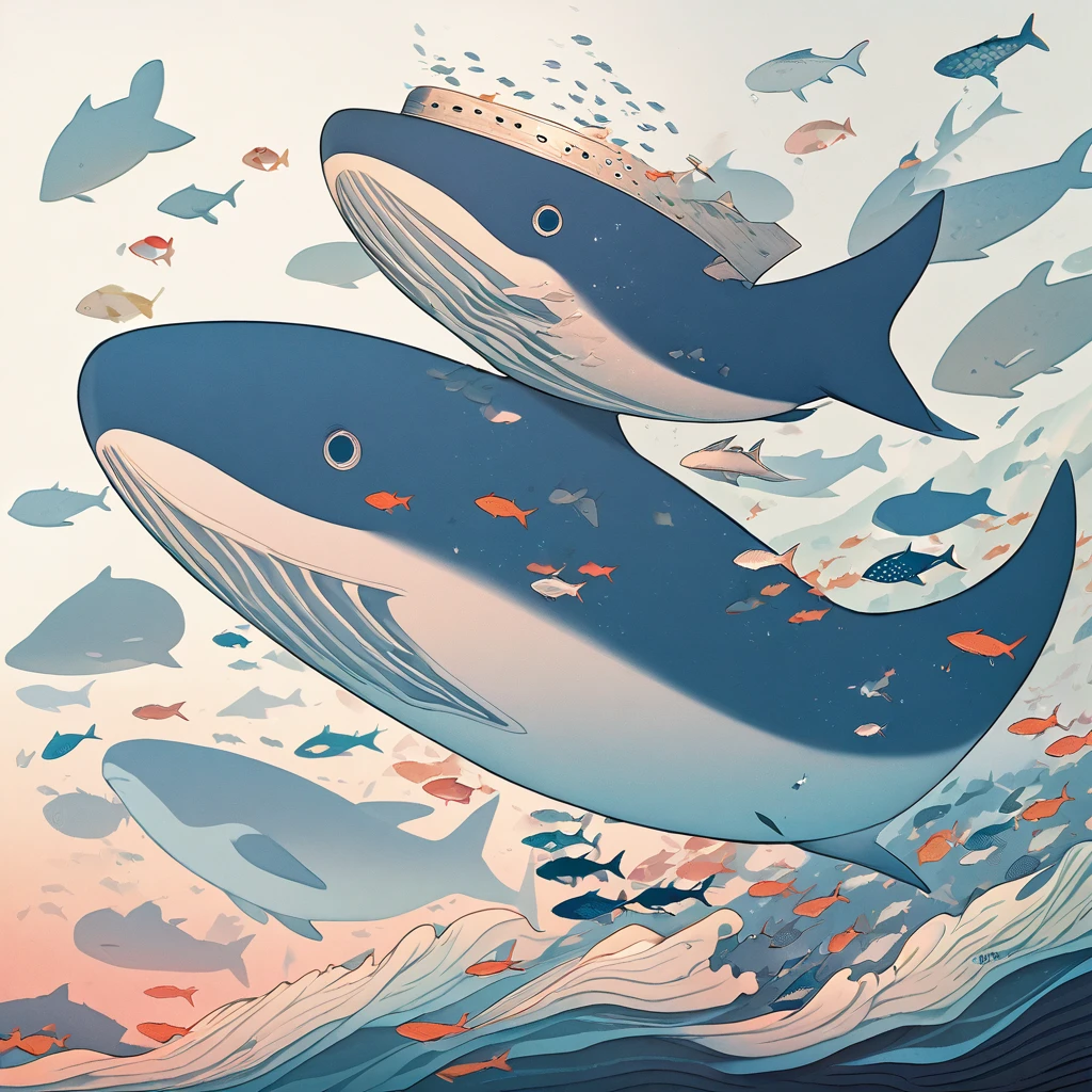 Surreal, imaginative, dreamy,fish Floating in air, (no humans),whale