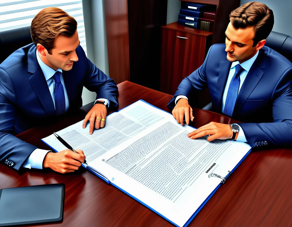 two businessmen negociating a big commercial contract, very detailed, photorealistic, corporate ambiance, detailed text, rich environment and decors