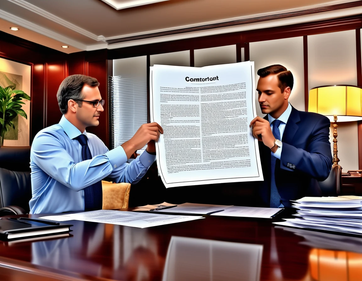 two businessmen negociating a big commercial contract, very detailed, photorealistic, corporate ambiance, detailed text, rich environment and decors
