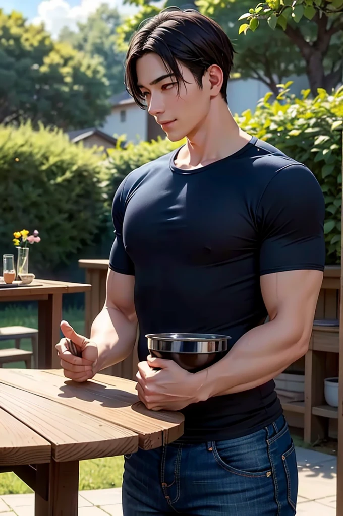 1 man is in the center of the picture., smile, (Wear a dark navy round neck shirt.., short sleeve shirt ยี่ห้อ under armor), (jeans), (Korean people) , korean men, (realistic light), looking at the audience, Balancing eye contact), in the garden，There is a dining table.，There was a lot of food up there.，blue sky and white clouds