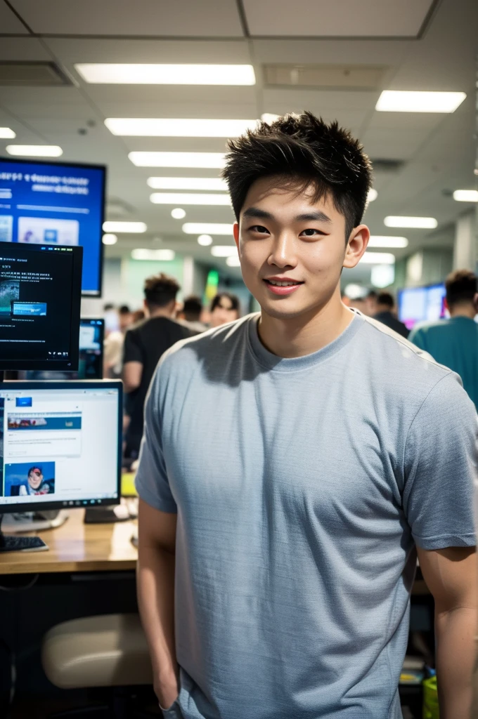 ((realistic daylight)) , Young Korean man in only a black sports shirt, no stripes, and jeans., A handsome, muscular young Asian man looks at the camera. , In a computer shop ,turn sideways, smile