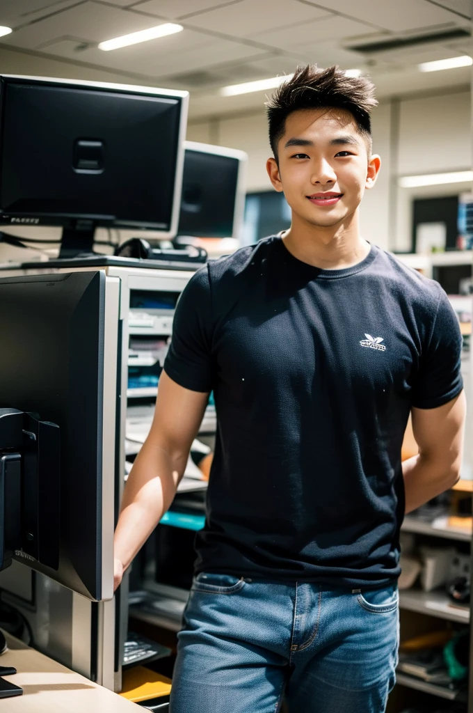 ((realistic daylight)) , Young Korean man in only a black sports shirt, no stripes, and jeans., A handsome, muscular young Asian man looks at the camera. , In a computer shop ,turn sideways, smile