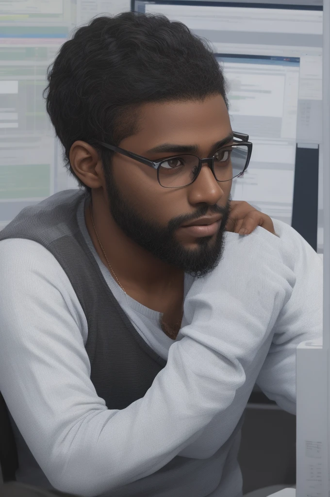 dark-skinned programmer with short, low beard, black glasses transparent lens, and low hair, Using the computer