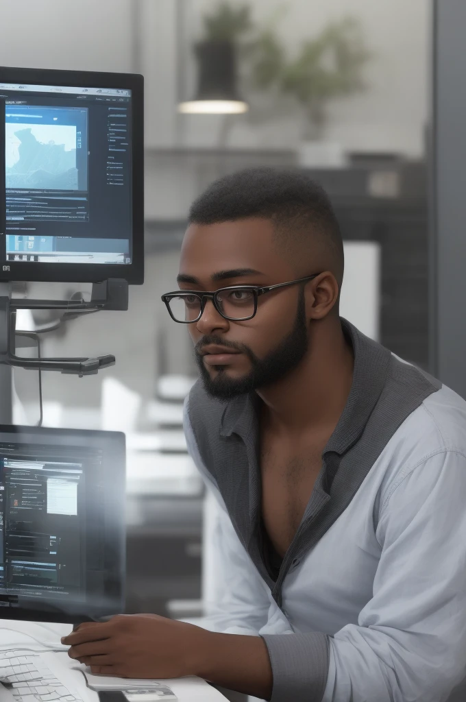 dark-skinned programmer with short, low beard, black glasses transparent lens, and low hair, Using the computer