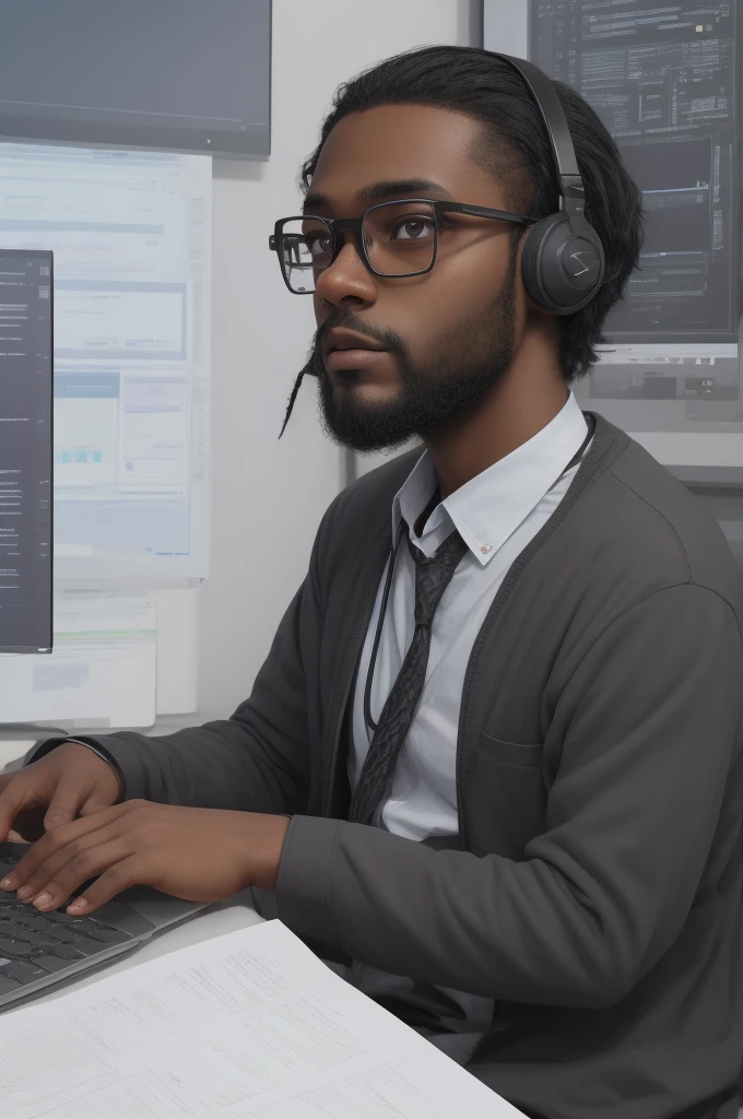 dark-skinned programmer with short, low beard, black glasses transparent lens, and low hair, Using the computer