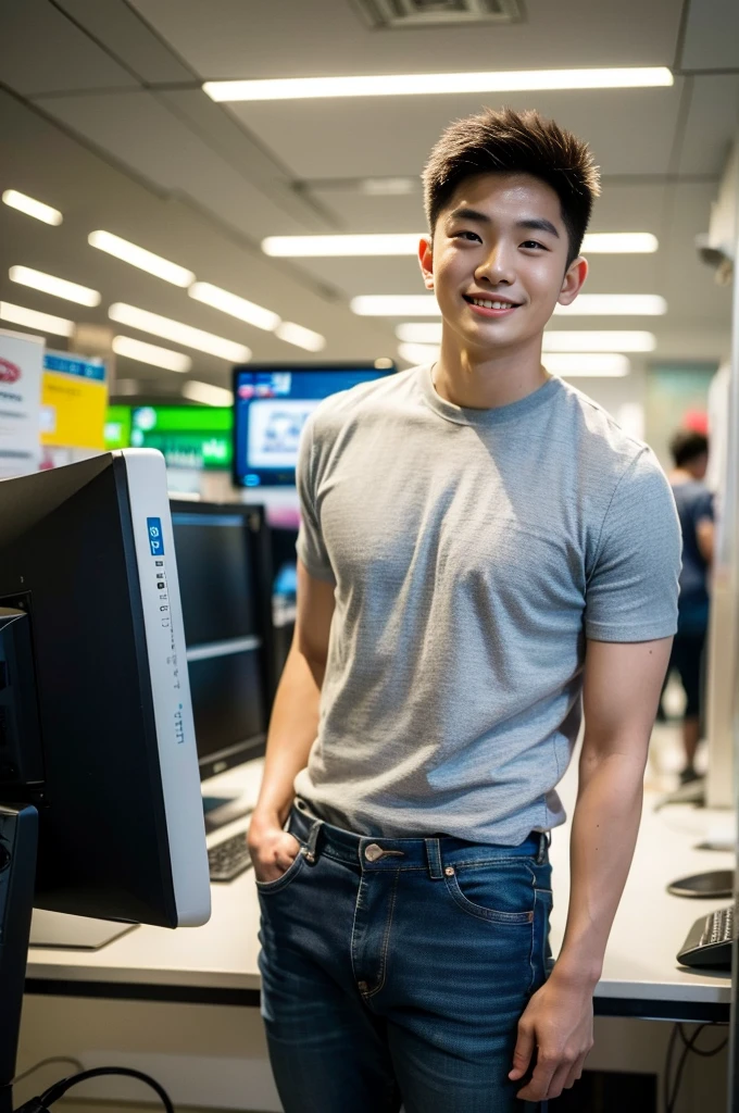 ((realistic daylight)) , Young Korean man in only a black sports shirt, no stripes, and jeans., A handsome, muscular young Asian man looks at the camera. , In a computer shop ,turn sideways, smile