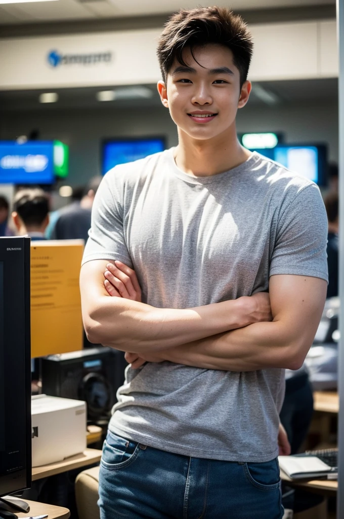 ((realistic daylight)) , Young Korean man in only a black sports shirt, no stripes, and jeans., A handsome, muscular young Asian man looks at the camera. , In a computer shop ,turn sideways, smile