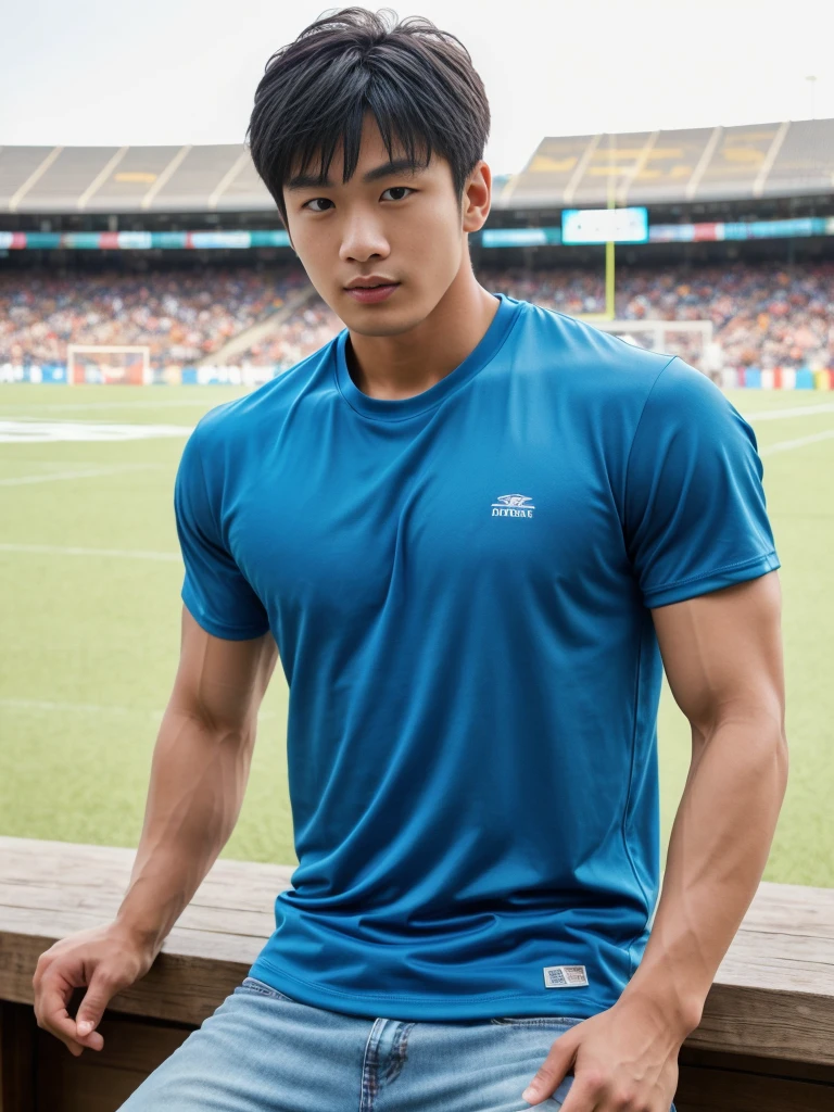 独奏: 1.5, (As a matter of fact, Masterpiece, 8k HD, good light quality, sportswear, fit the face, complicated details), A handsome, muscular young Korean man sits at a table, with muscular arms. , 20 years old, be happy, detailed face, delicate eyes, look at the sky, Wear a tight blue t-shirt.:1.6 , jeans period, black eyes, Black hair color, ผมsmooth, smooth，Surreal，Superb details，Highest quality，real，Open your mouth to talk. , Close your eyes., (standing in the football field:1.1)