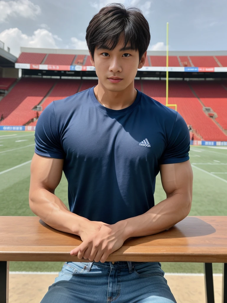 独奏: 1.5, (As a matter of fact, Masterpiece, 8k HD, good light quality, sportswear, fit the face, complicated details), A handsome, muscular young Korean man sits at a table, with muscular arms. , 20 years old, be happy, detailed face, delicate eyes, look at the sky, Wear a tight blue t-shirt.:1.6 , jeans period, black eyes, Black hair color, ผมsmooth, smooth，Surreal，Superb details，Highest quality，real，Open your mouth to talk. , Close your eyes., (standing in the football field:1.1)