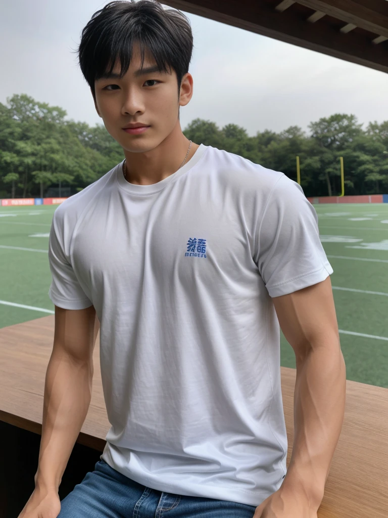 独奏: 1.5, (As a matter of fact, Masterpiece, 8k HD, good light quality, sportswear, fit the face, complicated details), A handsome, muscular young Korean man sits at a table, with muscular arms. , 20 years old, be happy, detailed face, delicate eyes, look at the sky, Wear a tight blue t-shirt.:1.6 , jeans period, black eyes, Black hair color, ผมsmooth, smooth，Surreal，Superb details，Highest quality，real，Open your mouth to talk. , Close your eyes., (standing in the football field:1.1)