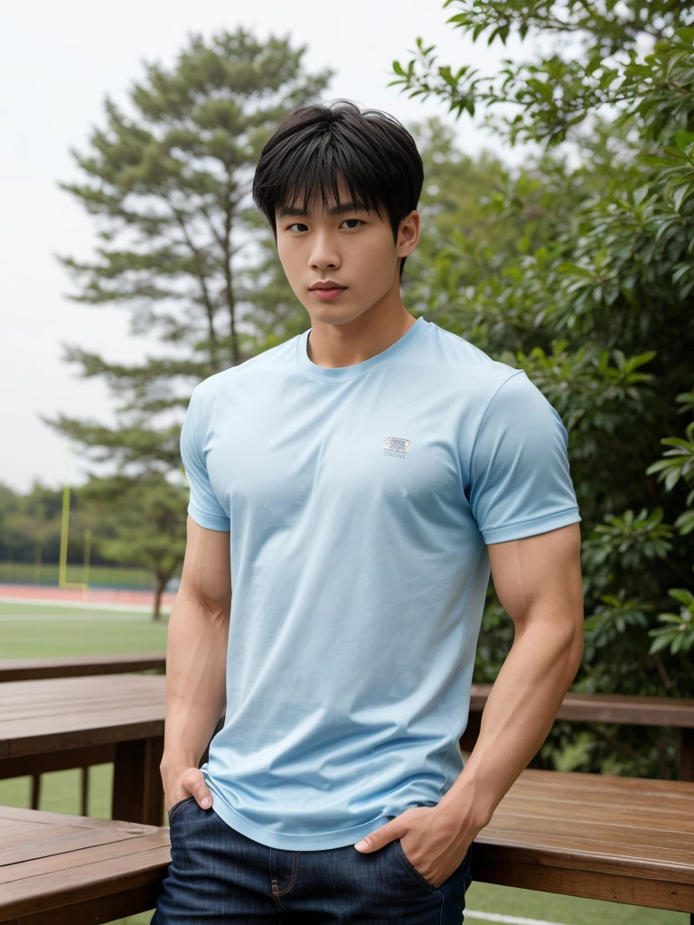 独奏: 1.5, (As a matter of fact, Masterpiece, 8k HD, good light quality, sportswear, fit the face, complicated details), A handsome, muscular young Korean man sits at a table, with muscular arms. , 20 years old, be happy, detailed face, delicate eyes, look at the sky, Wear a tight blue t-shirt.:1.6 , jeans period, black eyes, Black hair color, ผมsmooth, smooth,Surreal,Superb details,Highest quality,real,Open your mouth to talk. , Close your eyes., (standing in the football field:1.1)