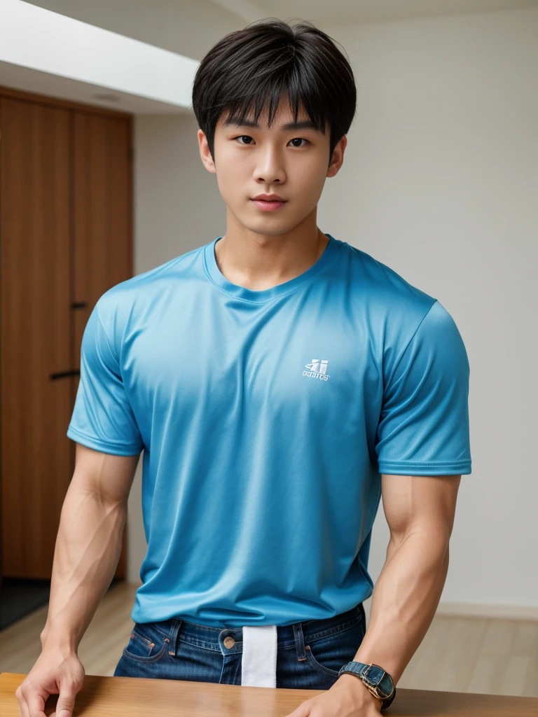 独奏: 1.5, (As a matter of fact, Masterpiece, 8k HD, good light quality, sportswear, fit the face, complicated details), A handsome, muscular young Korean man sits at a table, with muscular arms. , 20 years old, be happy, detailed face, delicate eyes, look at the sky, Wear a tight blue t-shirt.:1.6 , jeans period, black eyes, Black hair color, ผมsmooth, smooth，Surreal，Superb details，Highest quality，real，Open your mouth to talk. , Close your eyes., (standing in the football field:1.1)