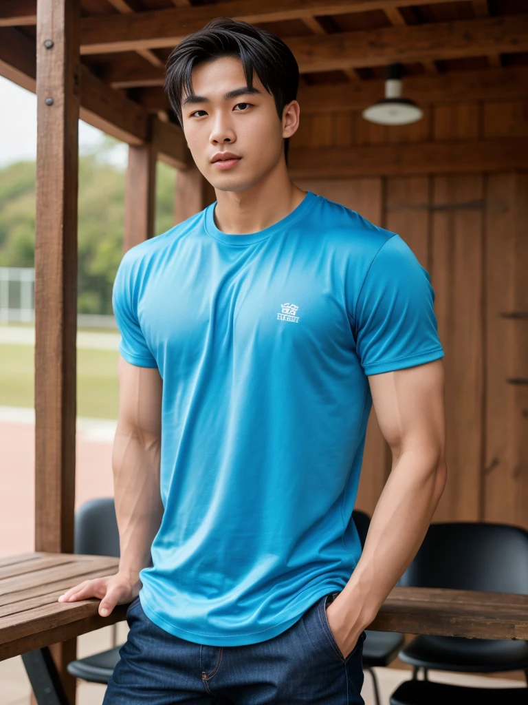 独奏: 1.5, (As a matter of fact, Masterpiece, 8k HD, good light quality, sportswear, fit the face, complicated details), A handsome, muscular young Korean man sits at a table, with muscular arms. , 20 years old, be happy, detailed face, delicate eyes, look at the sky, Wear a tight blue t-shirt.:1.6 , jeans period, black eyes, Black hair color, ผมsmooth, smooth,Surreal,Superb details,Highest quality,real,Open your mouth to talk. , Close your eyes., (standing in the football field:1.1)