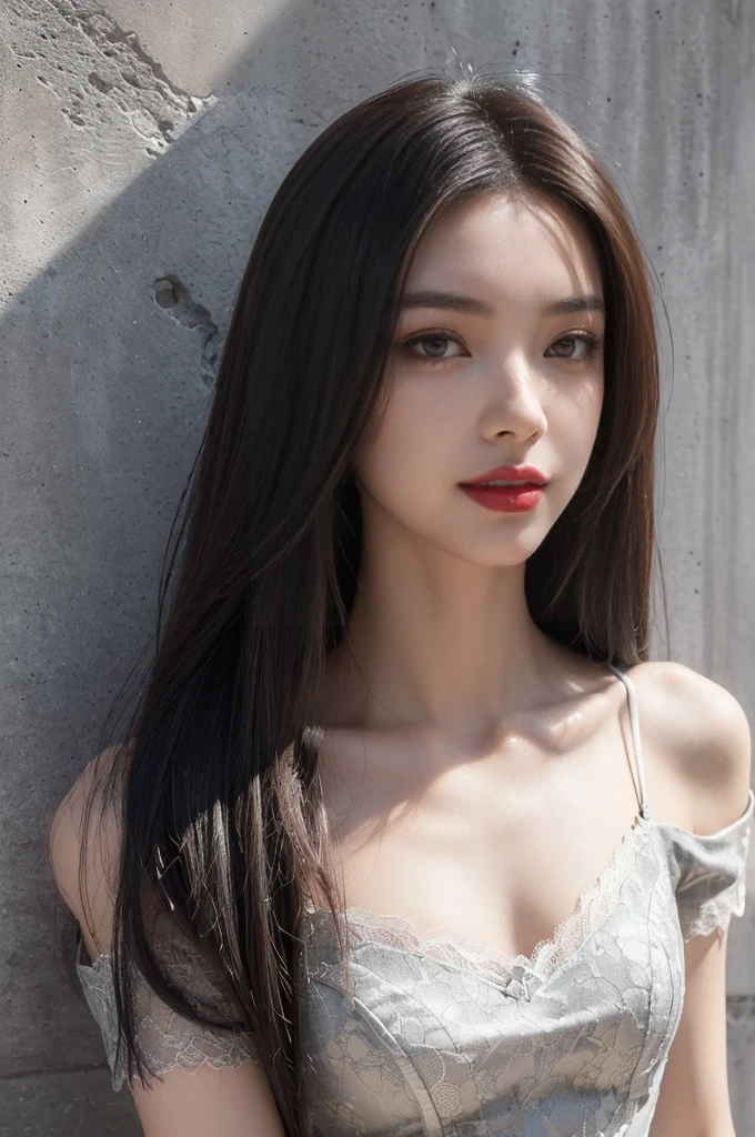 (((best quality))),(((ultra detailed))),(((masterpiece))),illustration,((1 beautiful girl,solo)),((slim,thin)),((small breasts,flat chest)),(shoulder length straight hair:1.2),summer afternoon,((unfinished concrete room,alluring,gray walls)),(short sleeves:1.2),(black lace dress:1.3),(seductive,elegant,full bosom,fair skin,golden strands,delicate features,deep brown eyes,mischief,mystery,enchanting smile,vibrant red lips,serene beauty,self-assuredness,industrial ambiance,raw cement walls,exposed pipes,sexuality,allure,refined beauty,compelling visual narrative,seductive gaze,elegant posture,industrial backdrop,lasting impression,((standing,from front,close-up of face))
