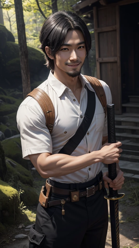 8k,派手な茶色のミディアムボブヘアの若いASİANの青年(24-years-old),challenging atmosphere,muscular slim body,super realistic skin,Severely cracked abdominal muscles,black and orange combat uniform,white inner shirt,black and orange combat pants,Carrying a large and long Japanese sword,Mischievous smile,Big eyes,black eye,Wear black combat uniform to hide your body,Perfect Hand Shape Details,comical pose,masterpiece,Photorealistic RAW photos of the highest quality。bright colors,rich colors, Backlight, cinematic lighting, film grain, to be born, 50mm lens, Nikon D850,detailed character art,fantasy art,ultra high resolution,super realistic skin,perfect hand shape,mountain path,Persona4(Hanamura Yosuke),wild(super realistic skin),one point beard,ASİAN,abandoned temple,white shirt,Big eyes,smile,