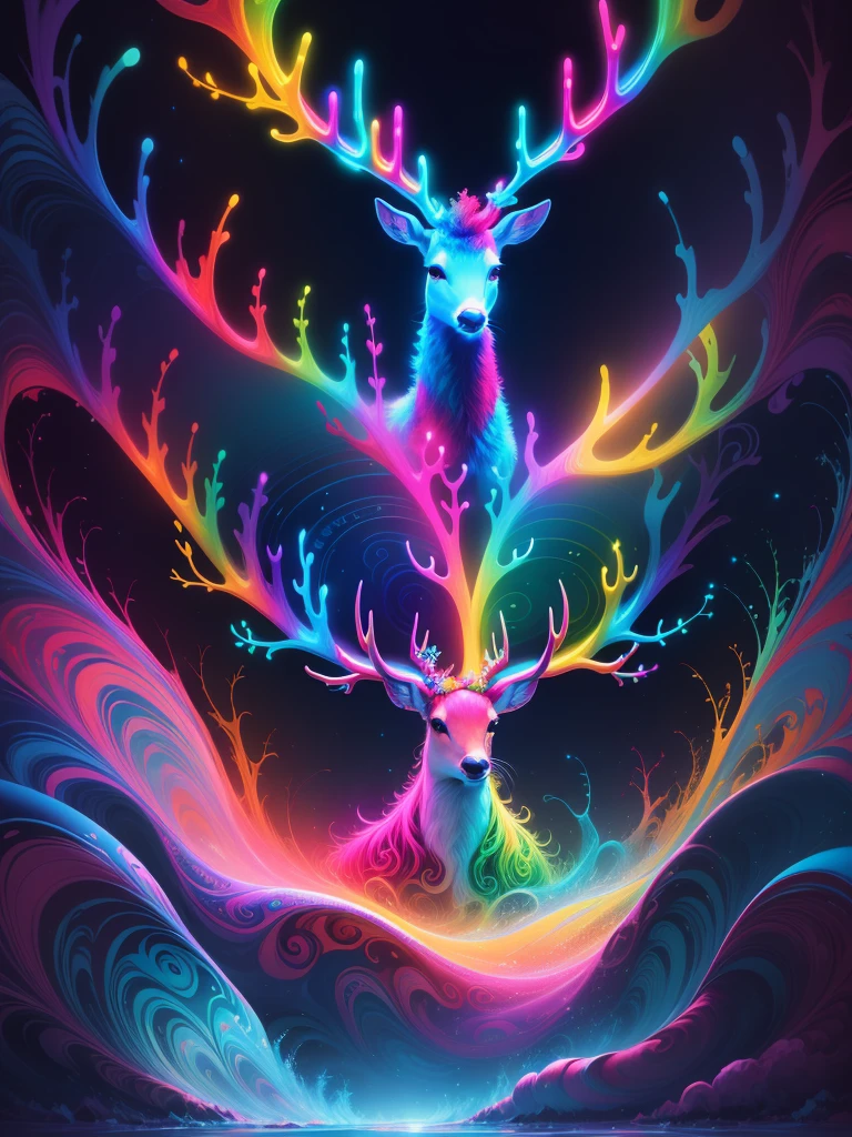 (Psychedelic painting of deer standing in front of colorful whirlpools), ((Multi-sewn large antlers, stag, Big head)), Light and shadow, Waves, Multi-layered, foreground, Distant view, fractal thunder dan mumford, psychedelic surreal art, surreal psychedelic design, Fantasy art style, Illusion psychedelic art, Infinite psychedelic waves, True corrugated structure, Psychedelic art style, trippy art, psychedelic illustrations，Bio-luminescence, vibrant, Colourful, Color, (Glowing, Glow), (Beautiful composition), Cinematic lighting, Intricate, (Symmetrical:0.5), Whimsical,