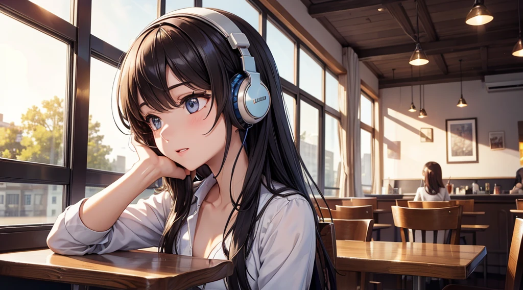 Girl with headphones enjoying music in a cafe　I am studying　Emphasize a little bit of the chest