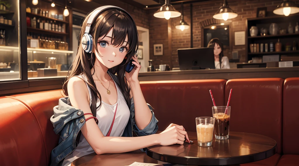 Girl with headphones enjoying music in a cafe I am studying Emphasize a little bit of the chest