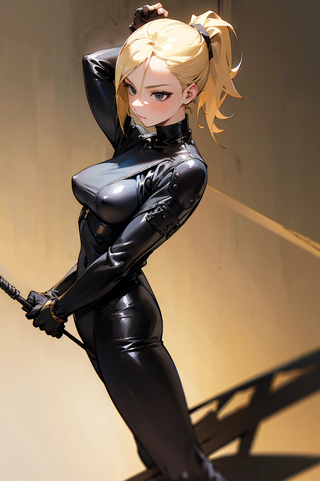 1female, blonde hair, black eyes, ponytail, black bdsm leather suit, whip, bedroom background, detailed background, detailed face, standing, walking on path, hands to side