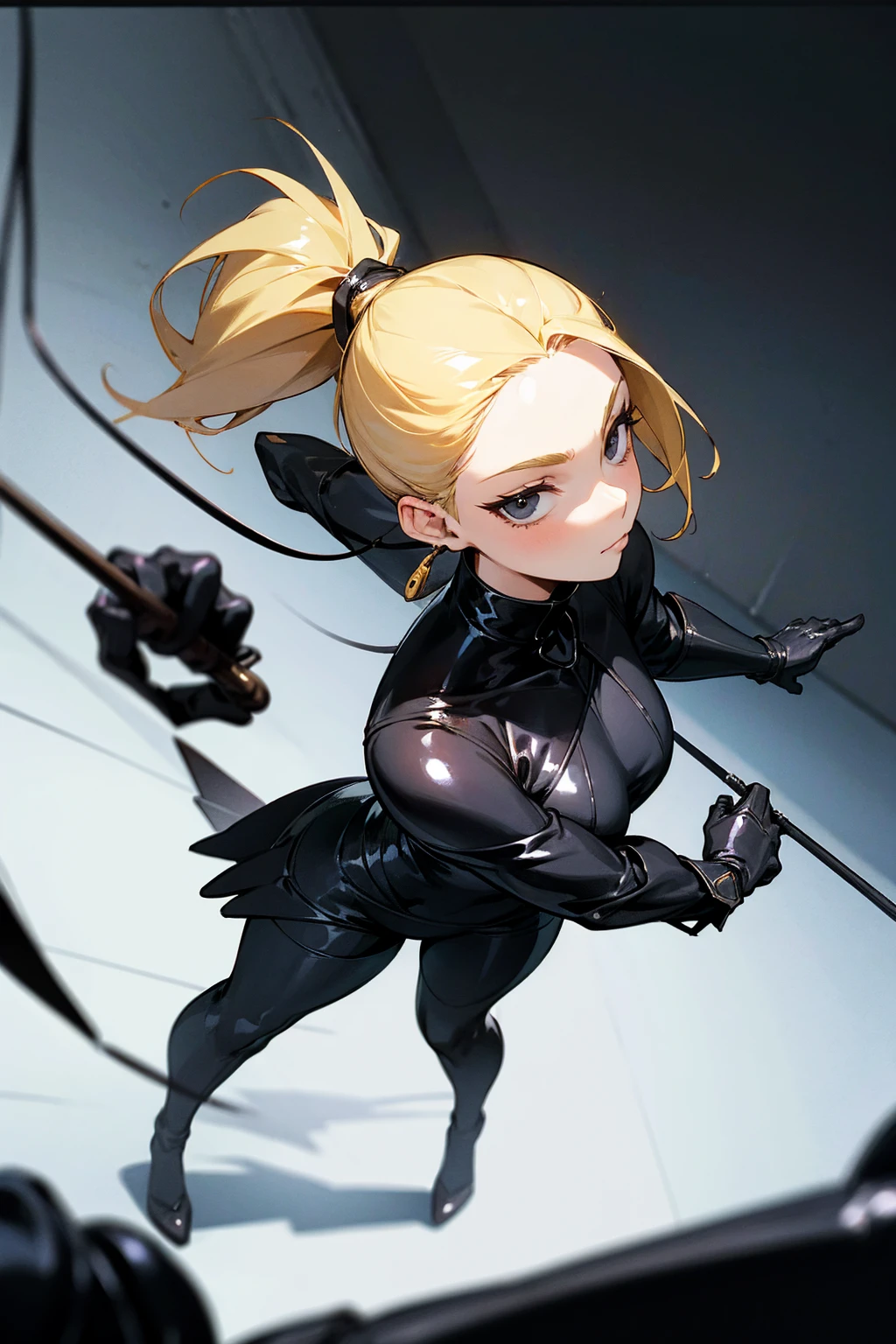 1female, blonde hair, black eyes, ponytail, black bdsm leather suit, whip, bedroom background, detailed background, detailed face, standing, walking on path, hands to side
