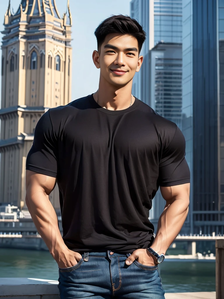 man , Brown t-shirt, jeans, black short hair , outdoor , cute smile , หน้าhandsomeแบบเกาหลีสมจริง , modest muscles , Masterpiece、High resolution、Surreal、detailed face、alone、man、Glowing skin、(Asia)、handsome、(tall building background:1.5)