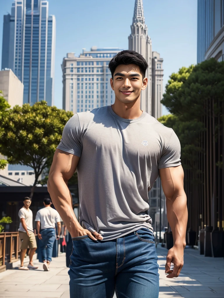 man , Brown t-shirt, jeans, black short hair , outdoor , cute smile , หน้าhandsomeแบบเกาหลีสมจริง , modest muscles , Masterpiece、High resolution、Surreal、detailed face、alone、man、Glowing skin、(Asia)、handsome、(tall building background:1.5)