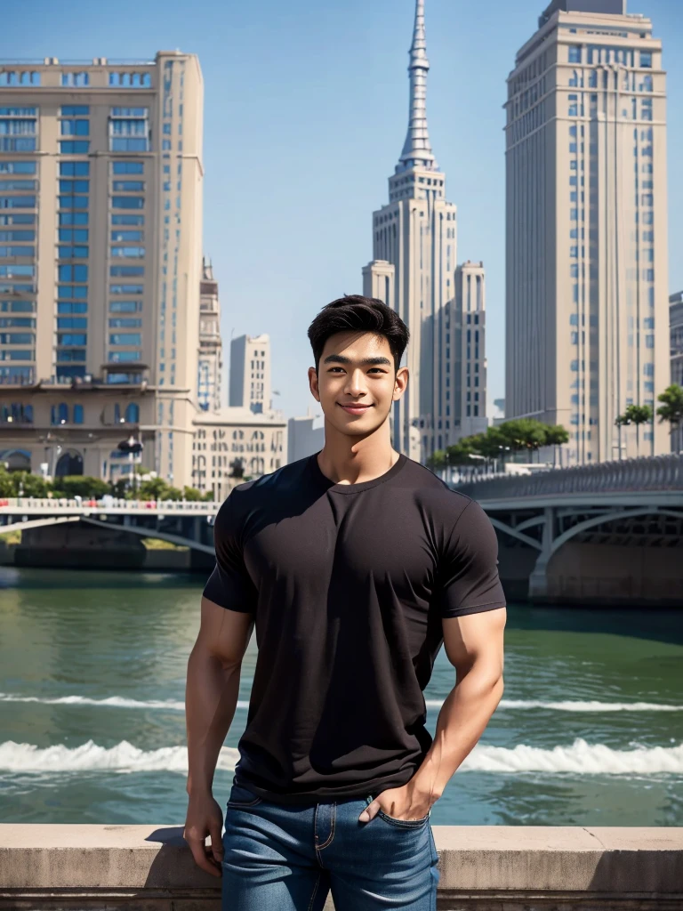 man , Brown t-shirt, jeans, black short hair , outdoor , cute smile , หน้าhandsomeแบบเกาหลีสมจริง , modest muscles , Masterpiece、High resolution、Surreal、detailed face、alone、man、Glowing skin、(Asia)、handsome、(tall building background:1.5)