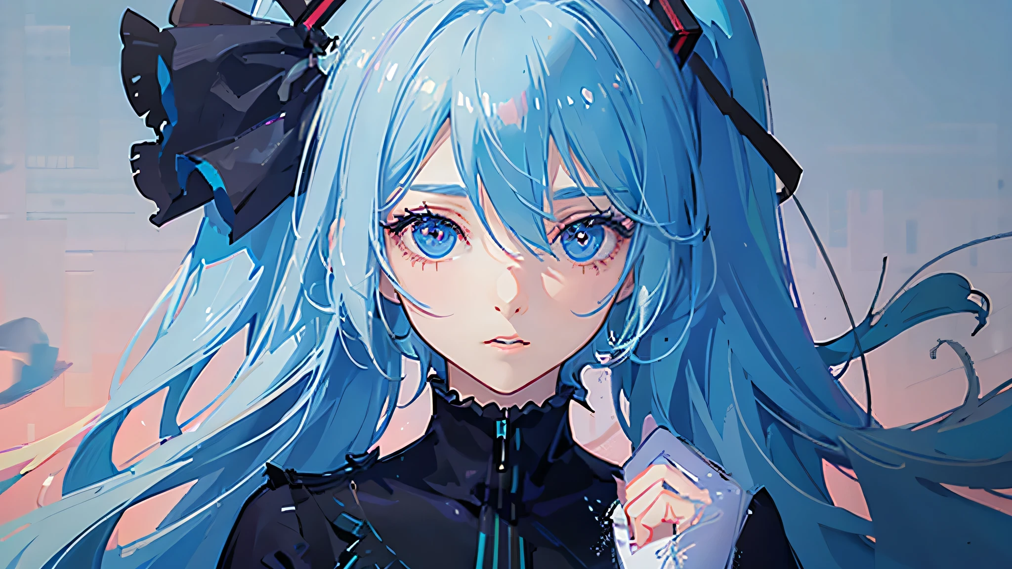 masterpiece, Awesome girl, Cold Face, Expressionless, Pale pink lips, Calm, Blue Hair,intellectual, Eye details,Hatsune Miku,Singing,clothes,cool,It's about to start moving,The background is amazing