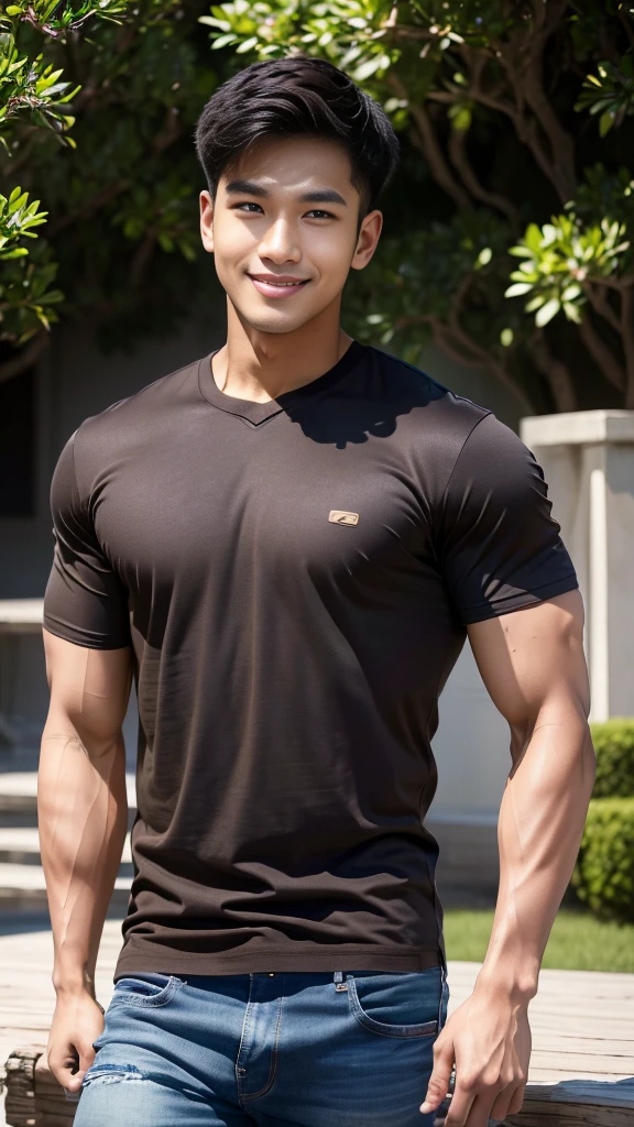 man , Brown t-shirt, jeans, black short hair , outdoor , cute smile , หน้าhandsomeแบบเกาหลีสมจริง , modest muscles , Masterpiece、High resolution、Surreal、detailed face、alone、man、Glowing skin、(Asia)、handsome、tall building background