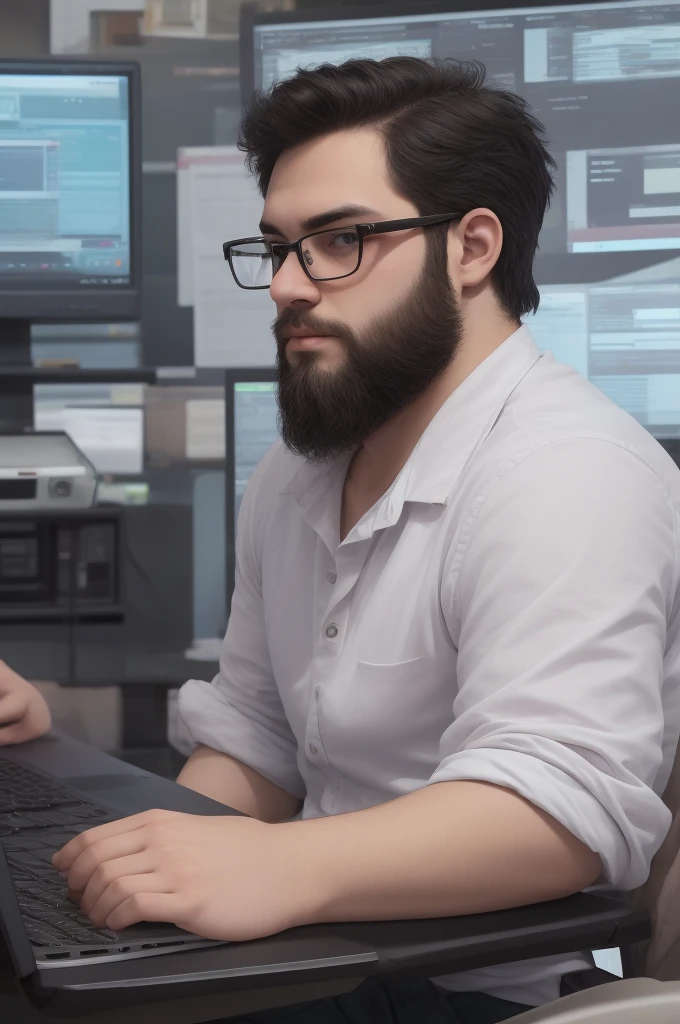programmer with short, low beard, black glasses transparent lens, and low hair, Using the computer, PixArFK