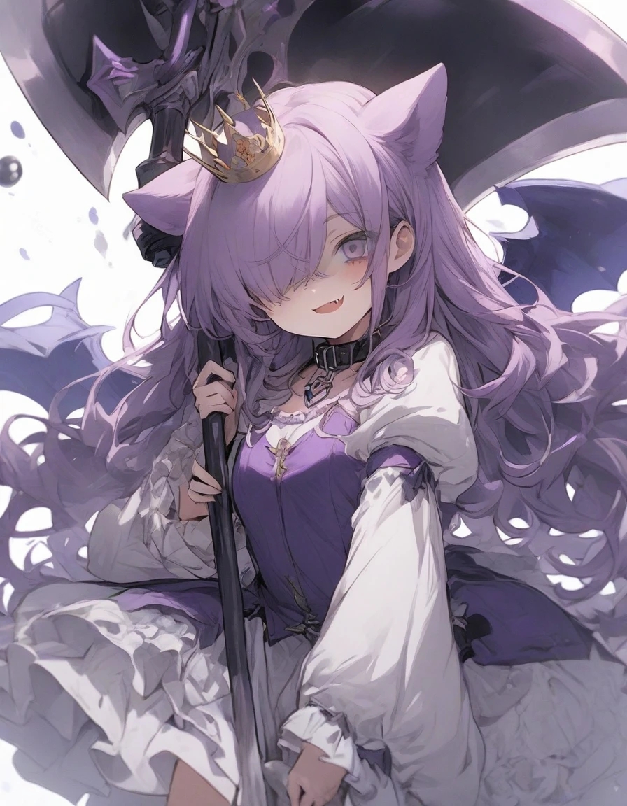 magical girl,frill,frilled sleeve,(1girl:1.5), {masterpiece), best quality, illustration,(purple long hair:1.3) , expressionless,chest,(purple hair:1.1),,,,bags_under_eyes, (hair over one eye:1.25),,, jimiko, long hair, big hair,(shaded face:1.1),wince, ,, darkness,(dog ears:1.1), chained collar,collar,smile,fang, ,knight armor,(crown:1.2),spiked armor,grey cloak,grey shirts,,,(purple armor:1.1),,,,,standing pose,1girl white background,(tachi-e:1.4),,(, full body, (facing front:1.3),(mini bubble skirt:1.1),zettai ryouiki,(holding axe:1.4),purple axe,