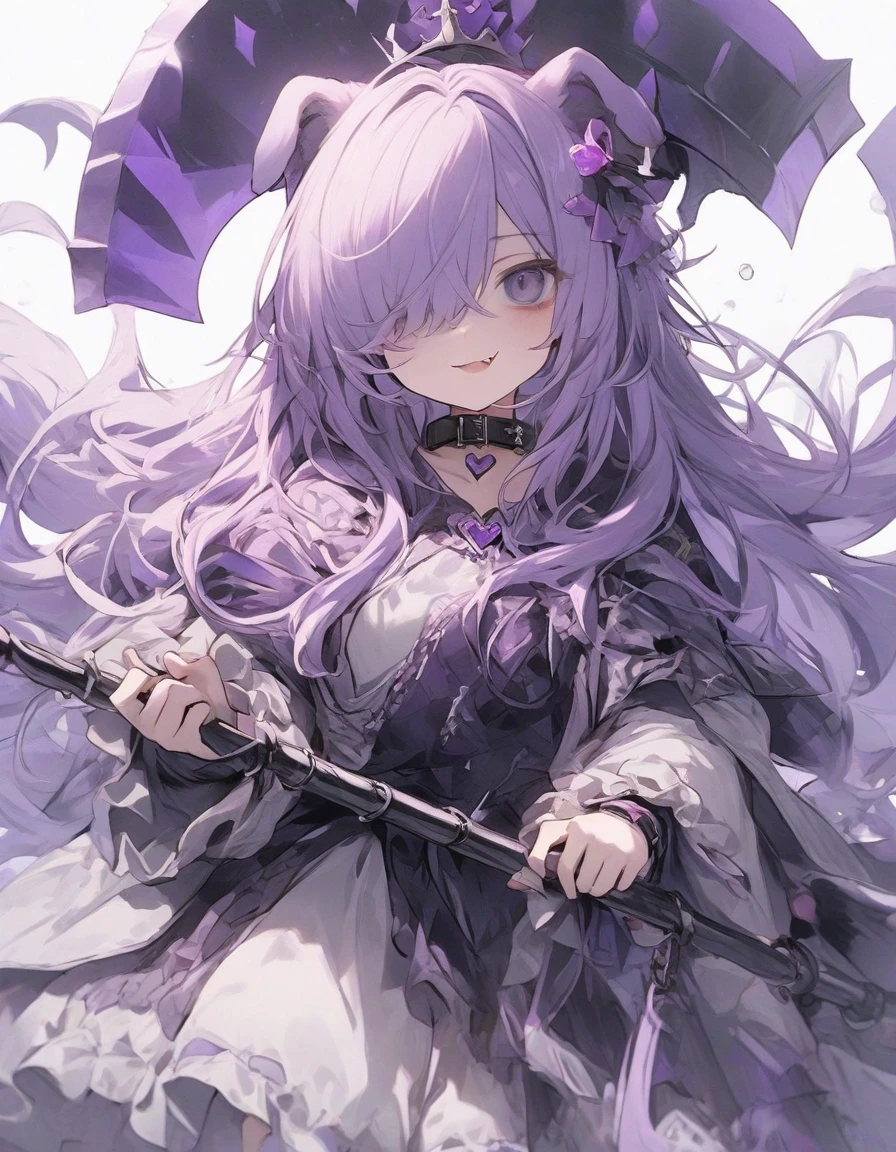 magical girl,frill,frilled sleeve,(1girl:1.5), {masterpiece), best quality, illustration,(purple long hair:1.3) , expressionless,chest,(purple hair:1.1),,,,bags_under_eyes, (hair over one eye:1.25),,, jimiko, long hair, big hair,(shaded face:1.1),wince, ,, darkness,(dog ears:1.1), chained collar,collar,smile,fang, ,knight armor,(crown:1.2),spiked armor,grey cloak,grey shirts,,,(purple armor:1.1),,,,,standing pose,1girl white background,(tachi-e:1.4),,(, full body, (facing front:1.3),(mini bubble skirt:1.1),zettai ryouiki,(holding axe:1.4),purple axe,