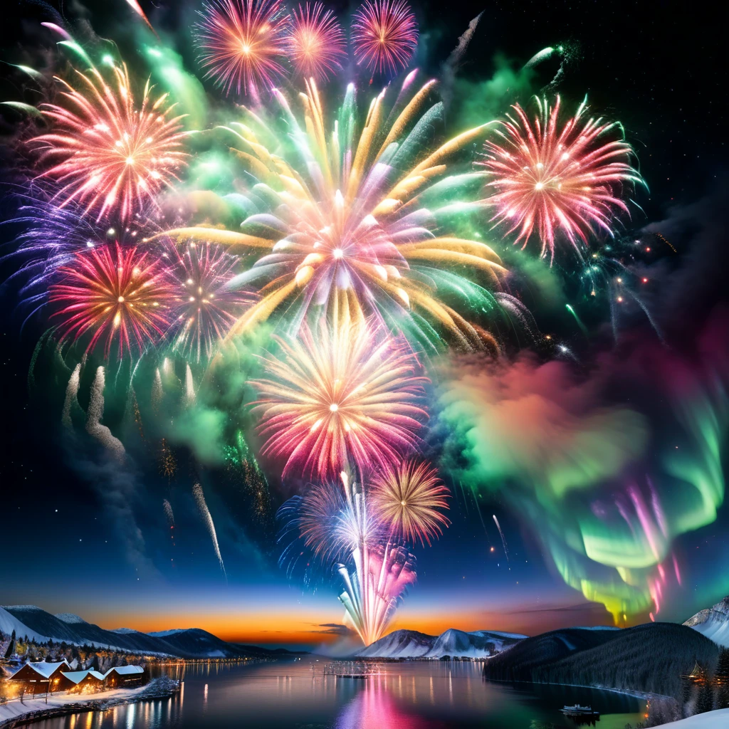 4K, 8K, hyper detailed, masterpiece, best quality, AuroraStyle,
The animated scene portrays an incredibly beautiful, enchanting New Year's fireworks display that captivates the eyes. The vivid and vibrant bursts of colors illuminate the night sky, mesmerizing viewers with their dazzling brilliance and captivating allure. Each explosion paints the canvas of the sky with a myriad of hues, creating an awe-inspiring spectacle that draws everyone's attention.