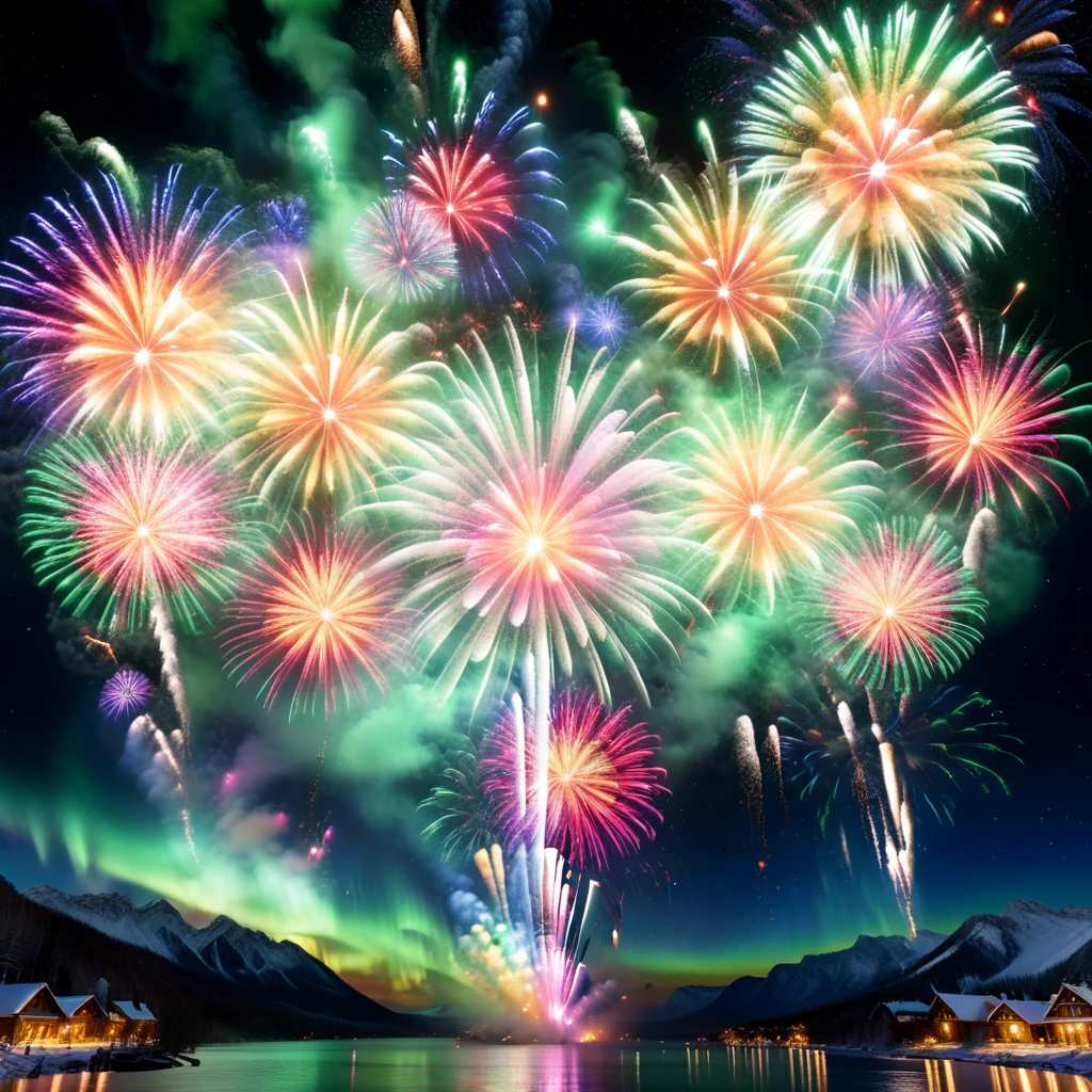 4K, 8K, hyper detailed, masterpiece, best quality, AuroraStyle,
The animated scene portrays an incredibly beautiful, enchanting New Year's fireworks display that captivates the eyes. The vivid and vibrant bursts of colors illuminate the night sky, mesmerizing viewers with their dazzling brilliance and captivating allure. Each explosion paints the canvas of the sky with a myriad of hues, creating an awe-inspiring spectacle that draws everyone's attention.