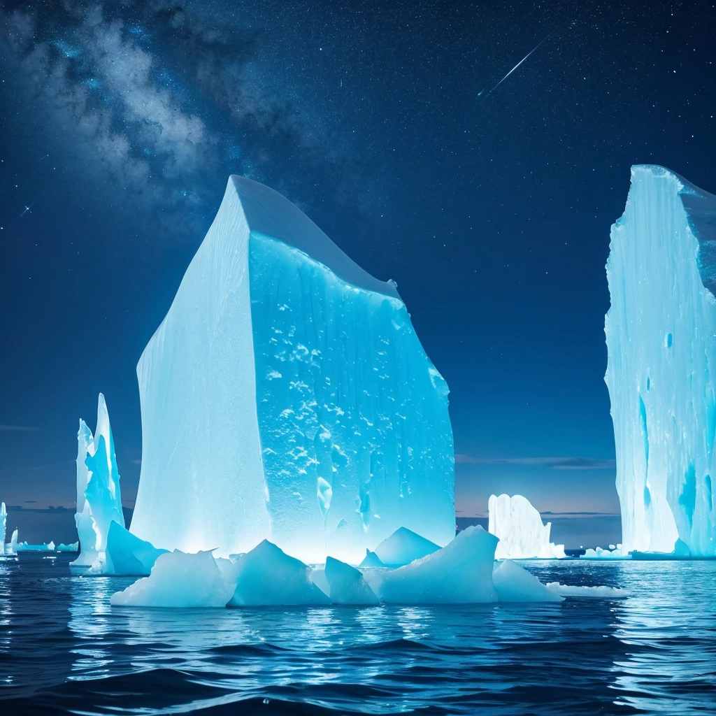 Iceberg floating in cold waters、summer、night、Beautiful Star々、 Art Station Rendering, Ultra-wide-angle lens, High resolution