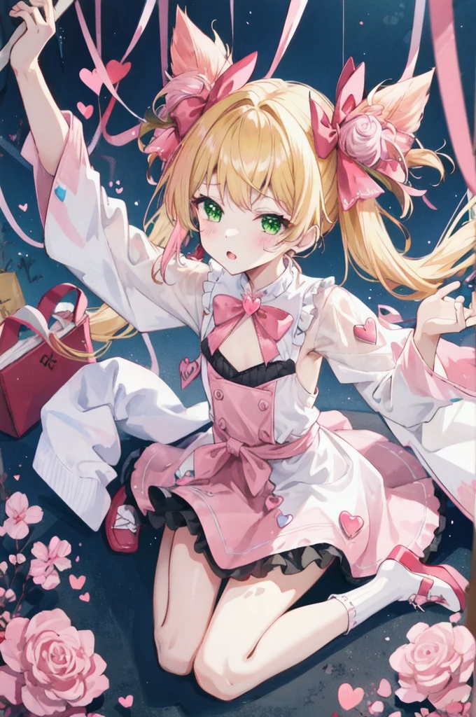 She has olive green eyes and long blonde hair that is braided over her shoulders., Tied with a little ribbon and a heart, Pale pink scrunchie, Red Clip. Her hair color is lighter、It stretched very long, Worn in pigtails tied with a deep pink ribbon with a red heart. she金のハートのイヤリングを手に入れた. she、With white ruffle trim、She is wearing a pale pink ruffled dress with a pink lined band down the center。. A white ribbon with a ruby heart on the chest, A yellow ribbon is tied around her waist、Fastened with a small heart、A wallet is hanging from it. Her shoes are pale pink.、The soles are pink、It comes with white ruffled leg warmers that match the sleeves.。, Adorned with a pink ribbon and a ruby heart.,background:room,From above:1.1,