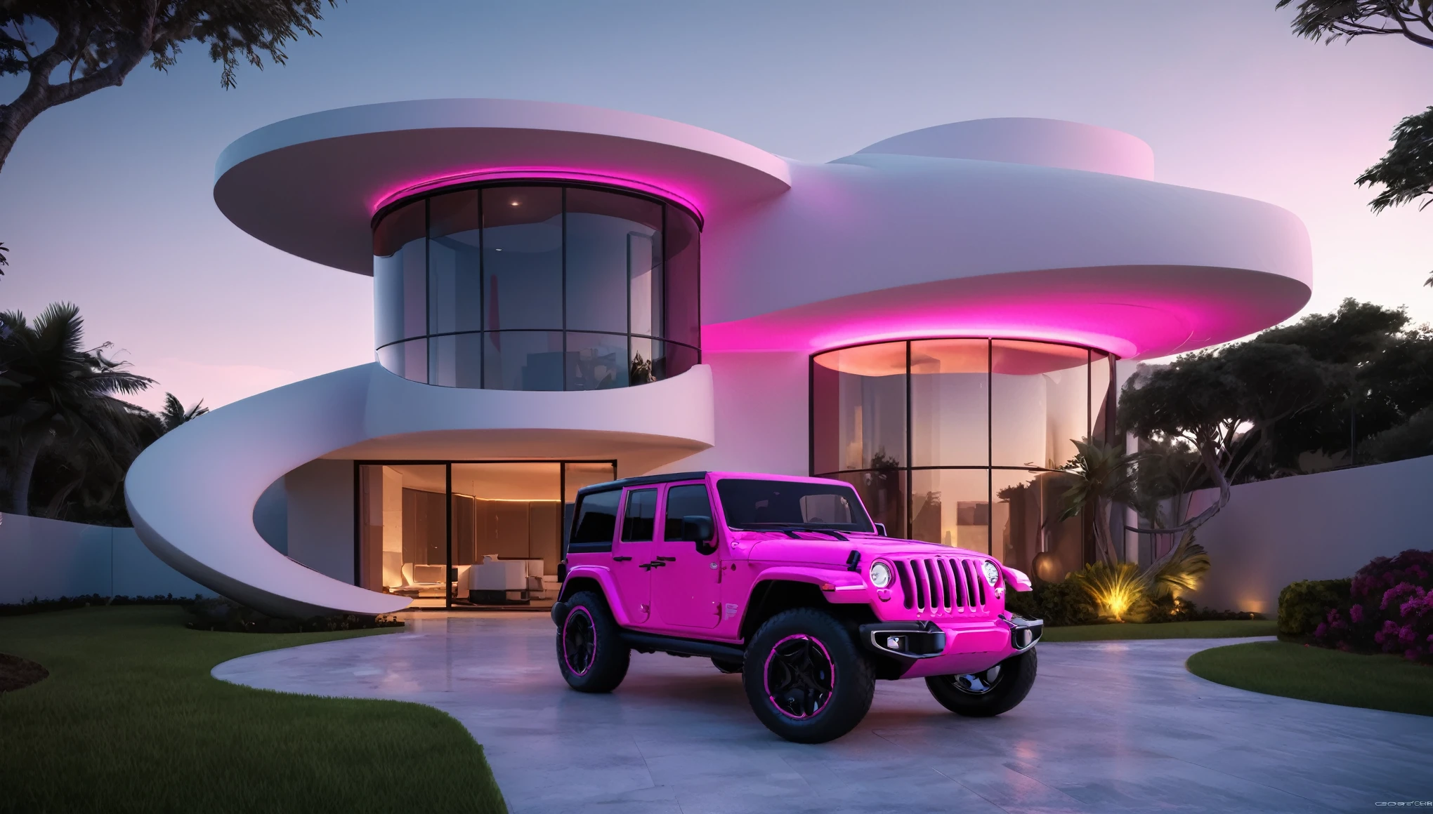 a futuristic house with a floresent hot pink jeep wrangler parked in front of it, cgsocietywlop, beautiful curves, intricate devilish designs, qualia, interesting shapes & form, wow factor, elaborate polished, bioluminescent, colorfull, glow, fluid, architectural rendering, miami, orange soft lighting in interior of house, futuristic battlefield, inspired by James E. Brewton, precise architectural rendering