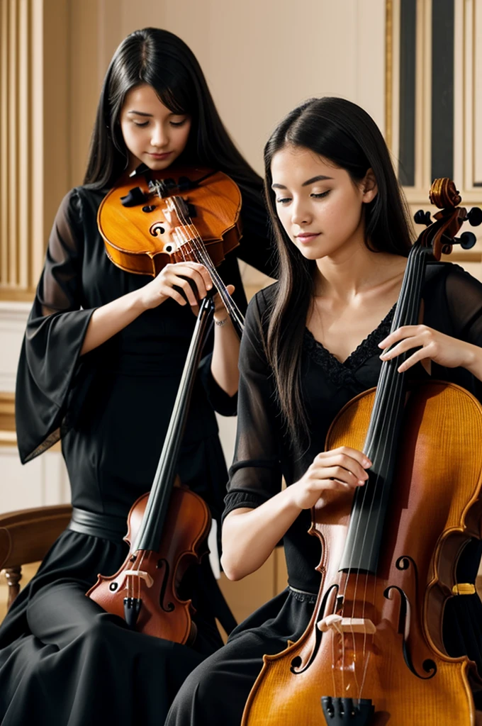 A young lady playing the cello, two ladies playing the violin all dressed in black